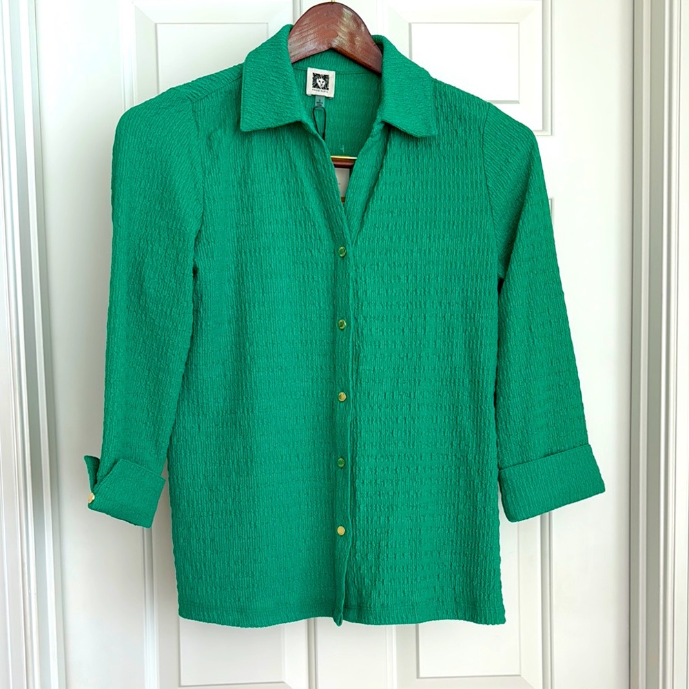 Anne Klein Button Down Shirt Size S Green Textured Collar Gold Buttons
